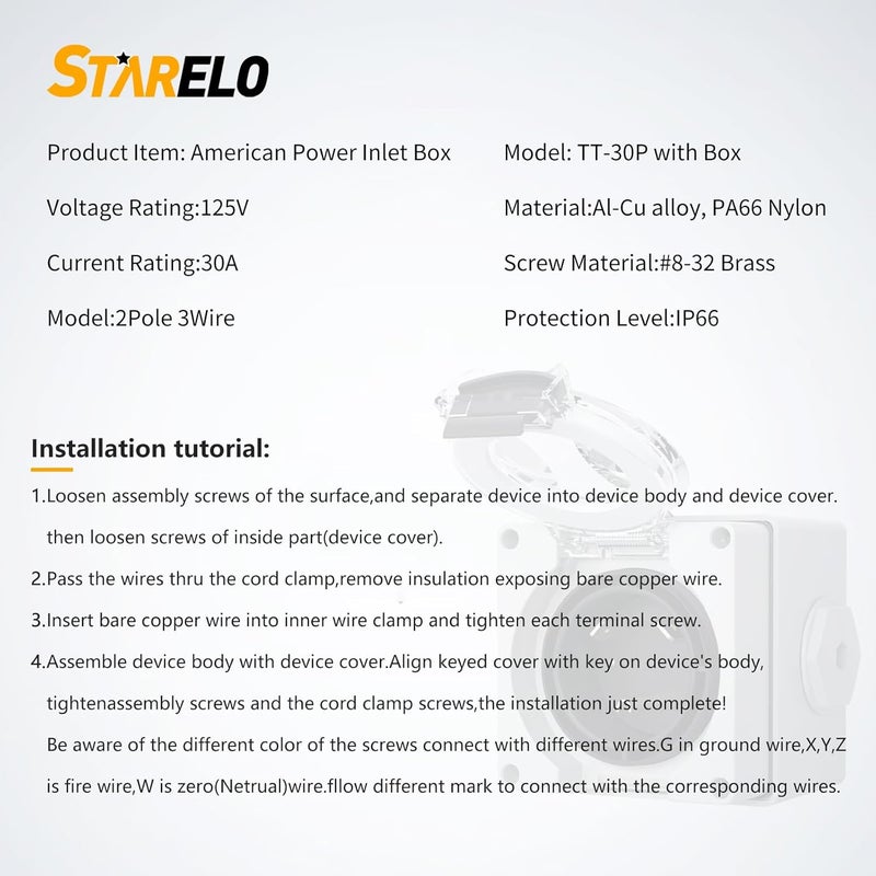 STARELO 30 Amp Generator Power Inlet Box NEMA TT-30P,125Volt, Outdoor dustproof and Weatherproof for generators, Welding Machines, etc.ETL Listed.(NEMA TT-30P Box) - Image 2